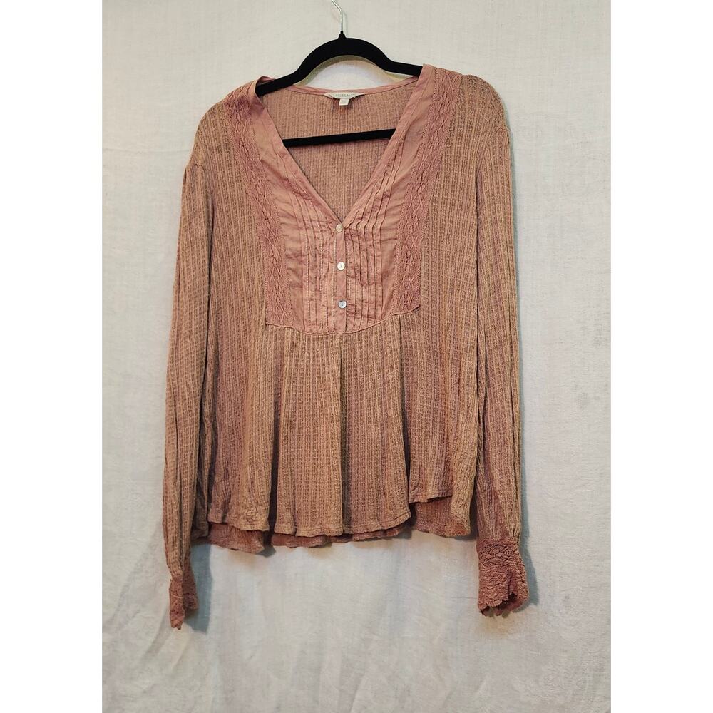 Lucky Sz XL Womens Peach Long Sleeve Knit Lace Pin Tuck Button Front Shirt